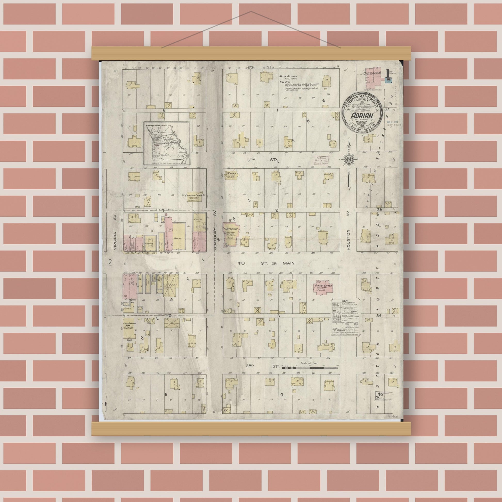 Old map wall art mockup — magnetic wood frame on brick wall — Sanborn Fire Insurance Map from Adrian, Bates County, Missouri (1914) - Complete Map Set