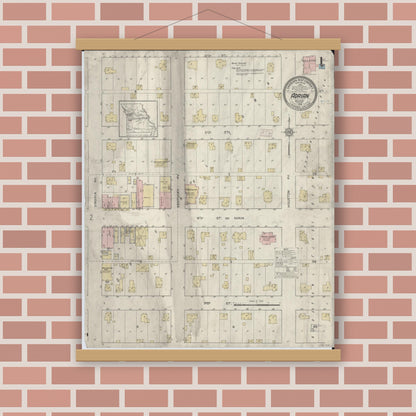 Old map wall art mockup — magnetic wood frame on brick wall — Sanborn Fire Insurance Map from Adrian, Bates County, Missouri (1914) - Complete Map Set