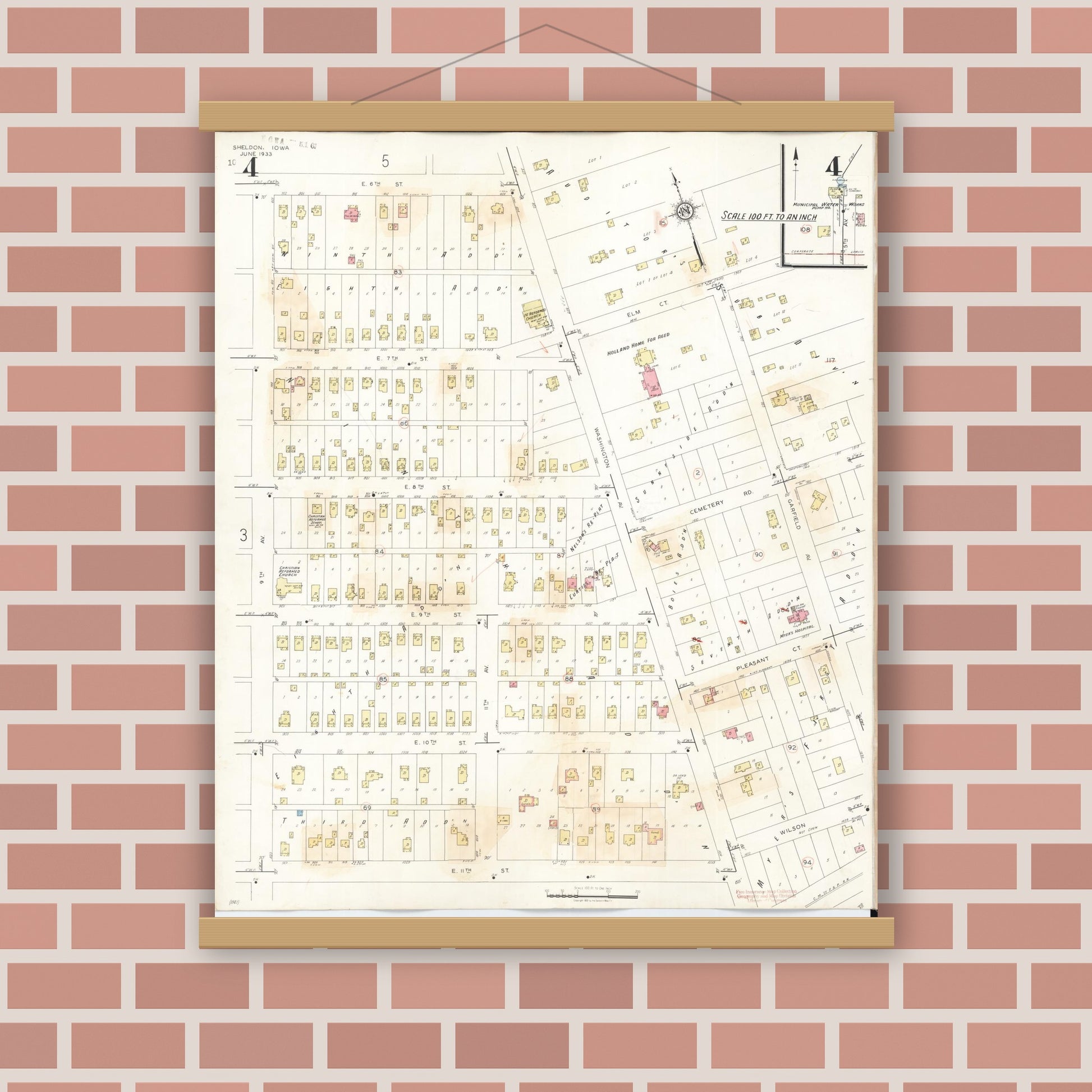 Old map wall art mockup — magnetic wood frame on brick wall — Sanborn Fire Insurance Map from Sheldon, O'Brien County, Iowa (1948), Sheet #0004