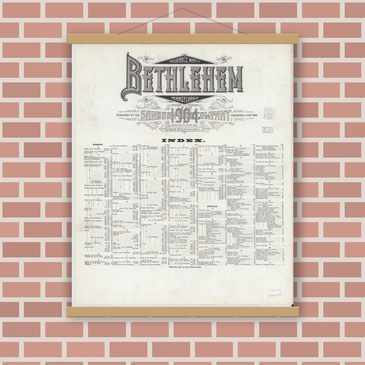 Old map wall art mockup — magnetic wood frame on brick wall — Sanborn Fire Insurance Map from Bethlehem, Northampton And Lehigh Counties, Pennsylvania (1904), Sheet #0001