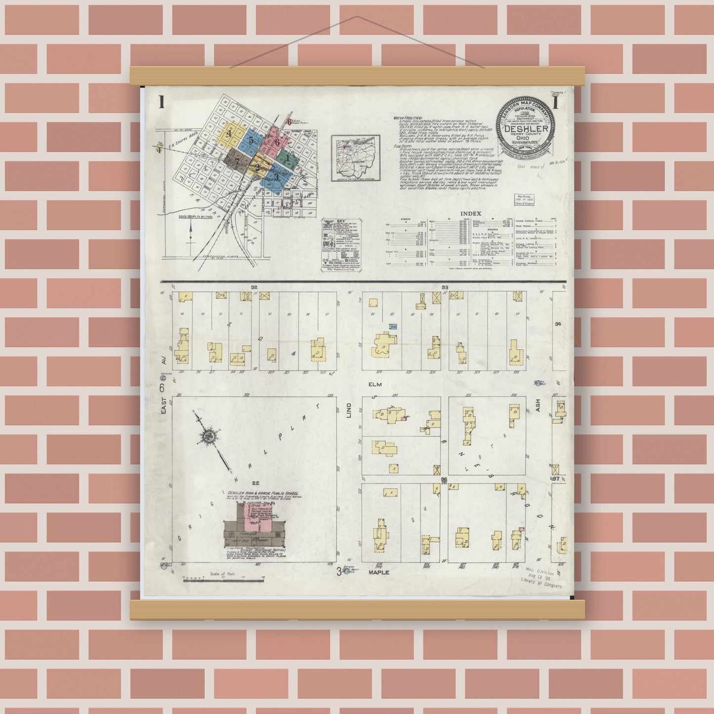 Old map wall art mockup — magnetic wood frame on brick wall — Sanborn Fire Insurance Map from Deshler, Henry County, Ohio (1923) - Complete Map Set