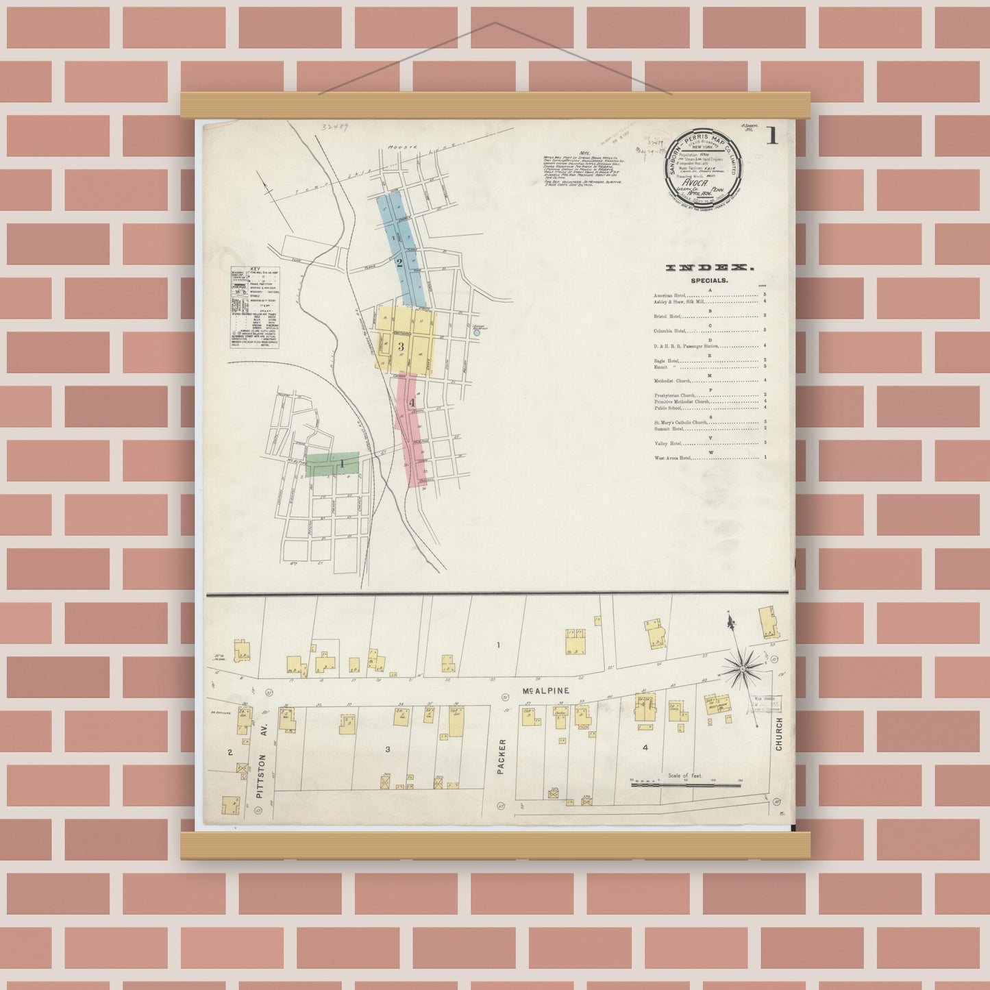 Old map wall art mockup — magnetic wood frame on brick wall — Sanborn Fire Insurance Map from Avoca, Luzerne County, Pennsylvania (1896) - Complete Map Set