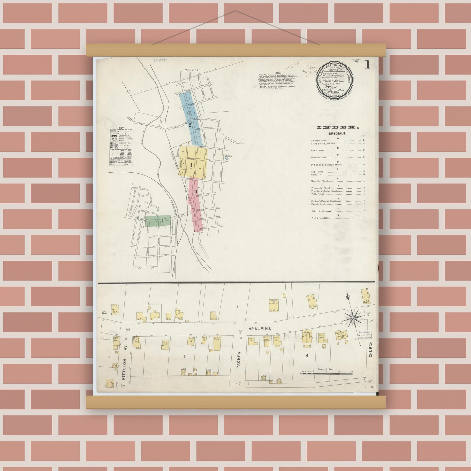 Old map wall art mockup — magnetic wood frame on brick wall — Sanborn Fire Insurance Map from Avoca, Luzerne County, Pennsylvania (1896) - Complete Map Set