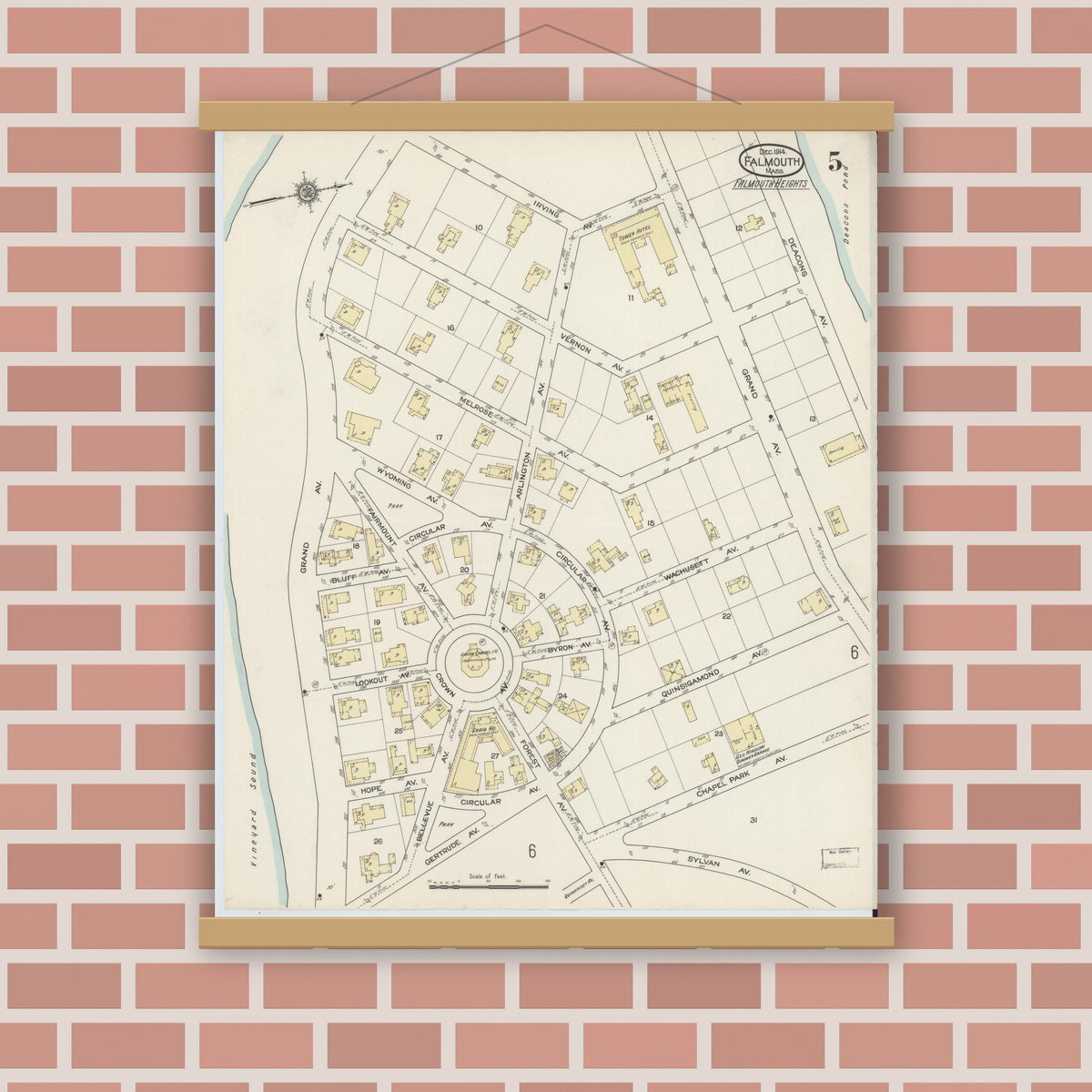 Old map wall art mockup — magnetic wood frame on brick wall — Sanborn Fire Insurance Map from Falmouth, Barnstable County, Massachusetts (1914), Sheet #0005