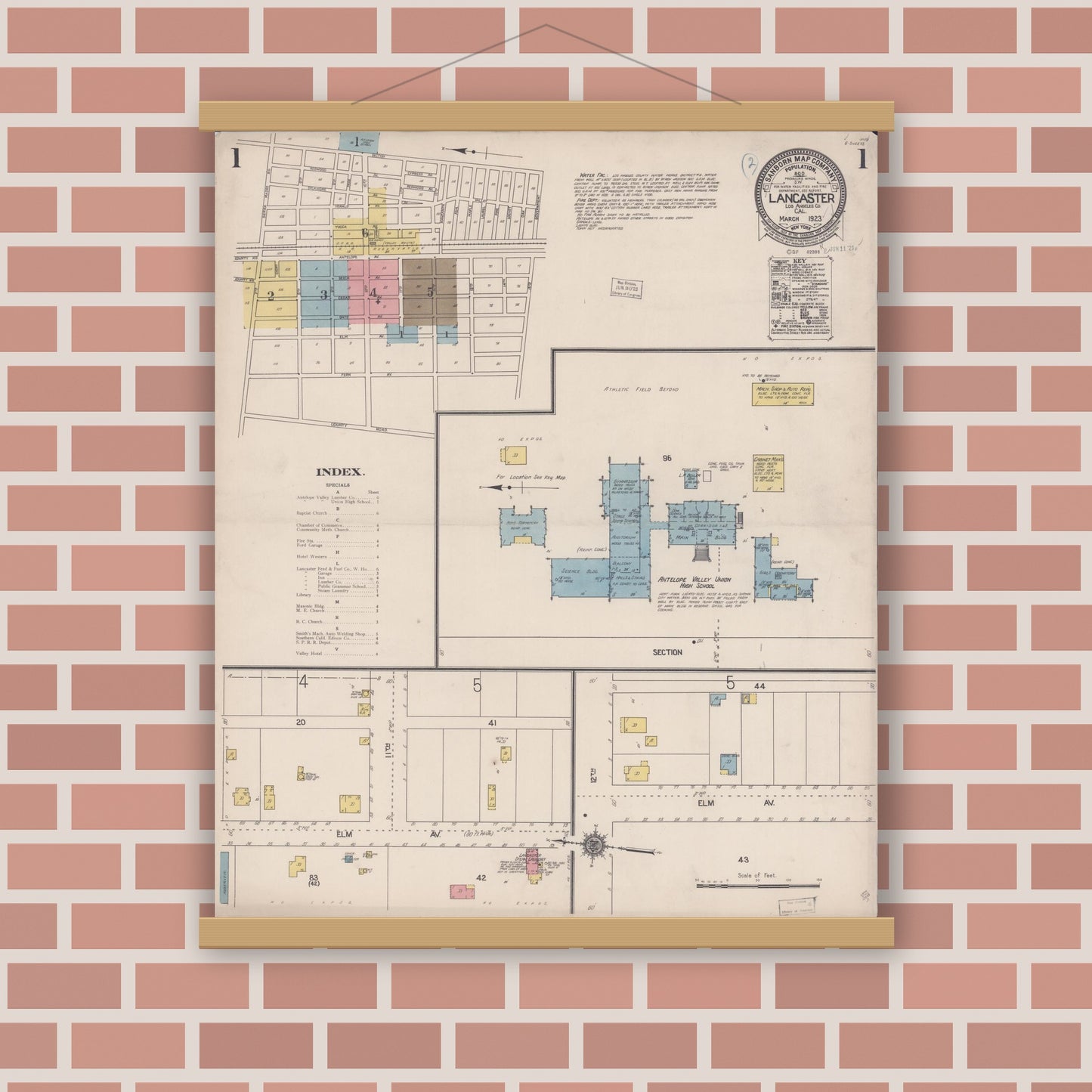 Old map wall art mockup — magnetic wood frame on brick wall — Sanborn Fire Insurance Map from Lancaster, Los Angeles County, California (1923), Sheet #0001