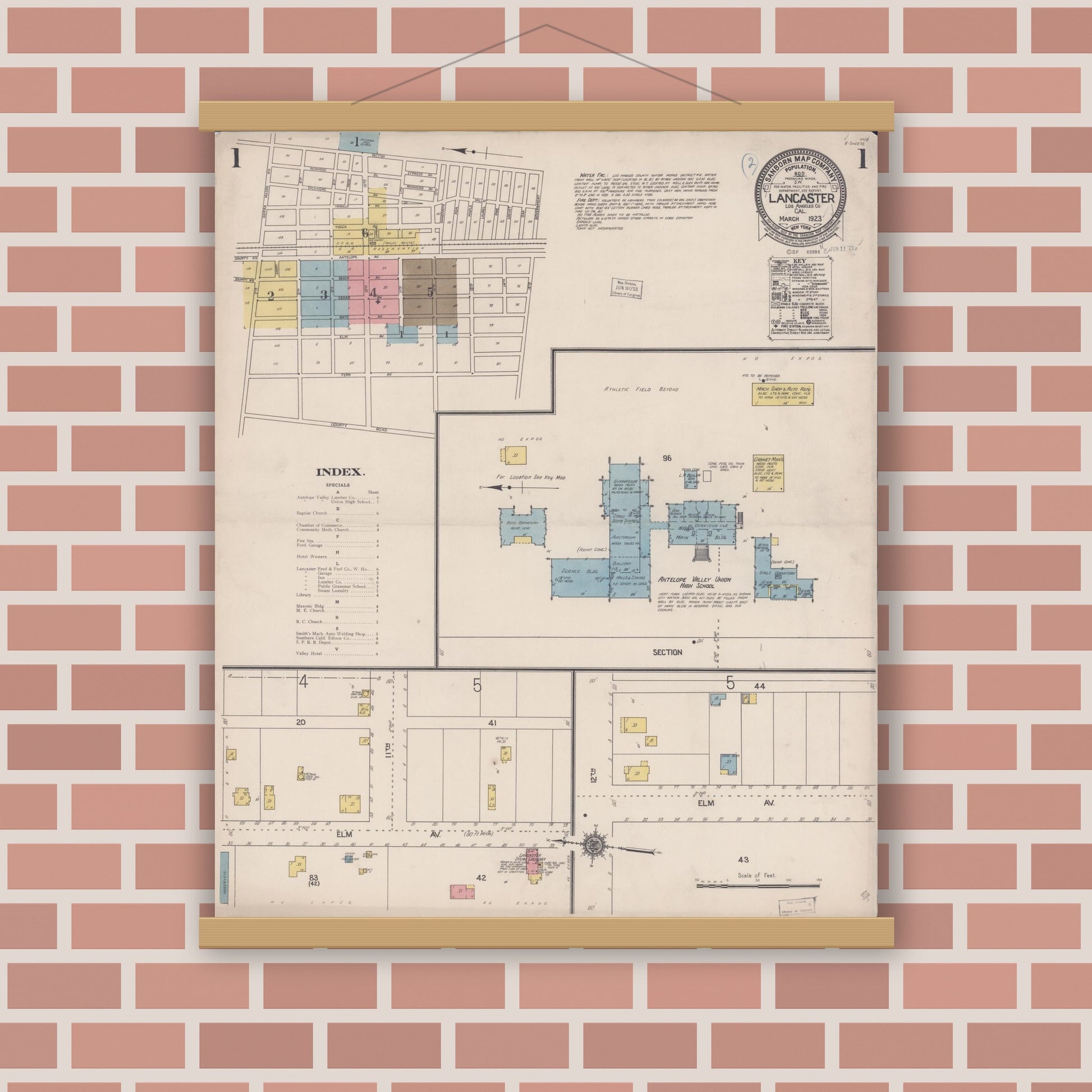 Old map wall art mockup — magnetic wood frame on brick wall — Sanborn Fire Insurance Map from Lancaster, Los Angeles County, California (1923), Sheet #0001