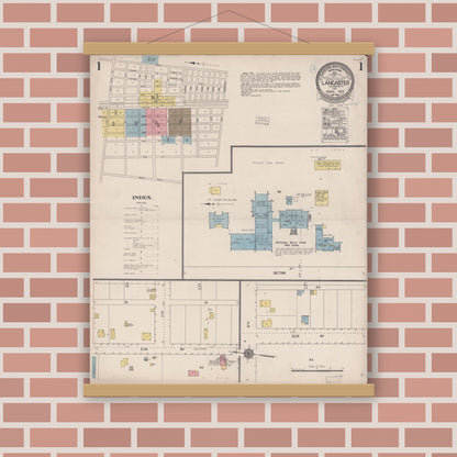 Old map wall art mockup — magnetic wood frame on brick wall — Sanborn Fire Insurance Map from Lancaster, Los Angeles County, California (1923), Sheet #0001