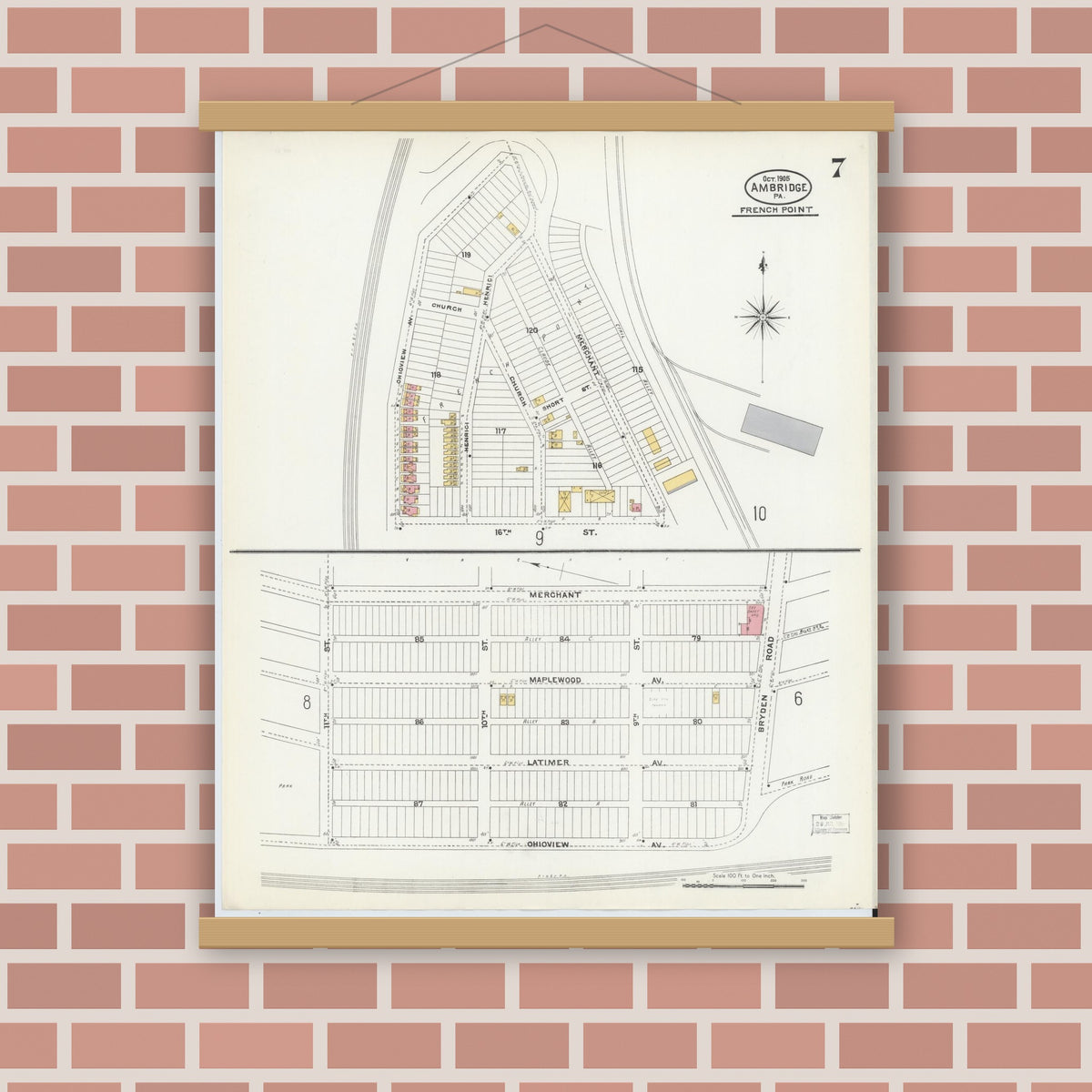 Old map wall art mockup — magnetic wood frame on brick wall — Sanborn Fire Insurance Map from Ambridge, Beaver County, Pennsylvania (1905), Sheet #0007