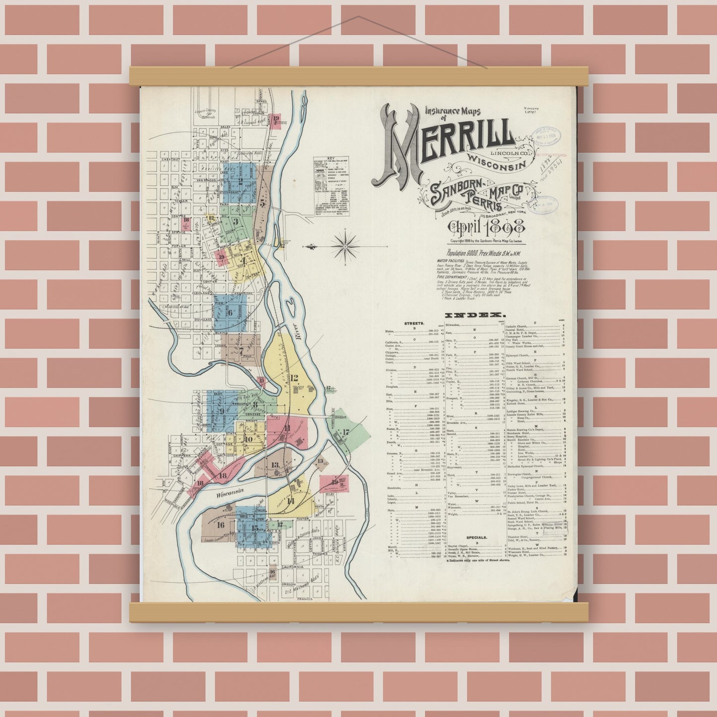 Old map wall art mockup — magnetic wood frame on brick wall — Sanborn Fire Insurance Map from Merrill, Lincoln County, Wisconsin (1898), Sheet #0001