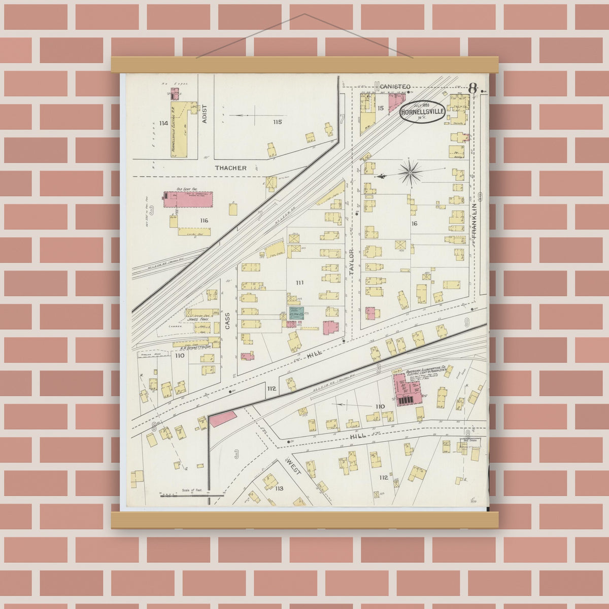 Old map wall art mockup — magnetic wood frame on brick wall — Sanborn Fire Insurance Map from Hornell, Steuben County, New York (1893), Sheet #0008
