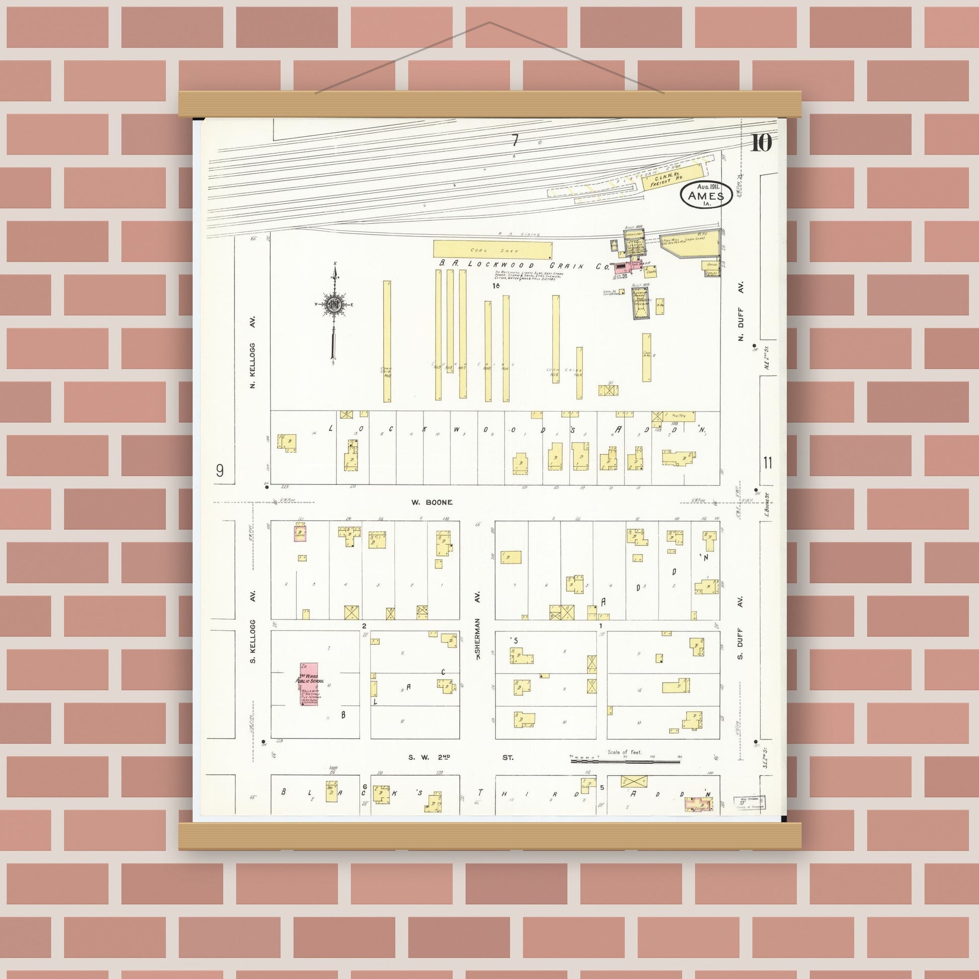 Old map wall art mockup — magnetic wood frame on brick wall — Sanborn Fire Insurance Map from Ames, Story County, Iowa (1911), Sheet #0010