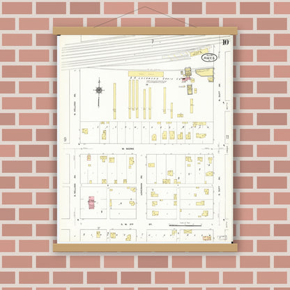 Old map wall art mockup — magnetic wood frame on brick wall — Sanborn Fire Insurance Map from Ames, Story County, Iowa (1911), Sheet #0010