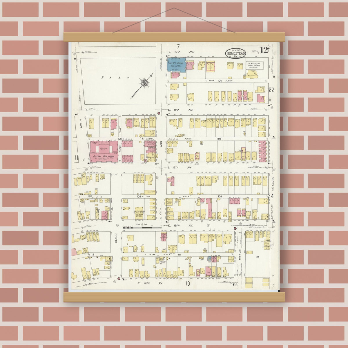 Old map wall art mockup — magnetic wood frame on brick wall — Sanborn Fire Insurance Map from Homestead, Allegheny County, Pennsylvania (1913), Sheet #0012