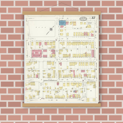 Old map wall art mockup — magnetic wood frame on brick wall — Sanborn Fire Insurance Map from Homestead, Allegheny County, Pennsylvania (1913), Sheet #0012