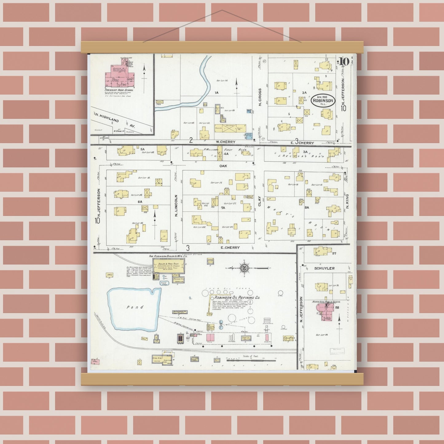 Old map wall art mockup — magnetic wood frame on brick wall — Sanborn Fire Insurance Map from Robinson, Crawford County, Illinois (1910), Sheet #0010