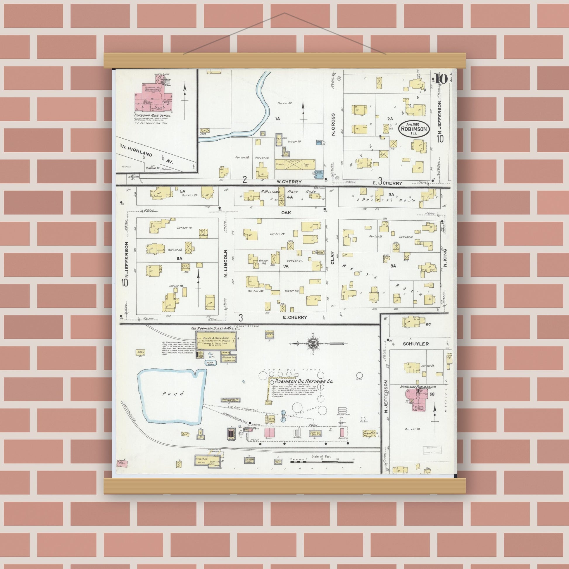 Old map wall art mockup — magnetic wood frame on brick wall — Sanborn Fire Insurance Map from Robinson, Crawford County, Illinois (1910), Sheet #0010
