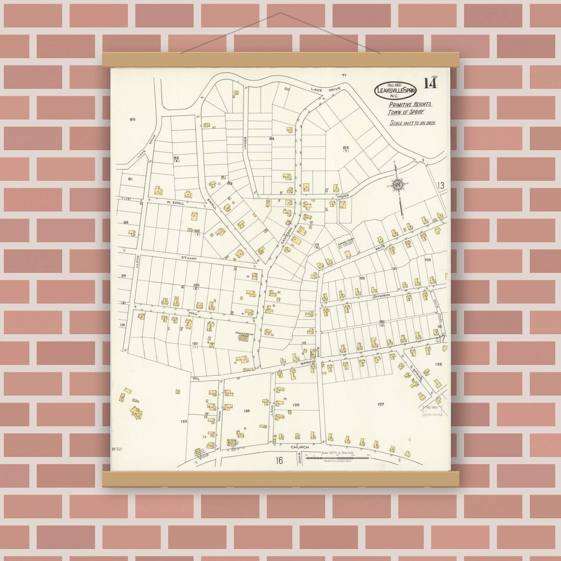 Old map wall art mockup — magnetic wood frame on brick wall — Sanborn Fire Insurance Map from Leaksville-spray, Rockingham County, North Carolina (1921), Sheet #0014