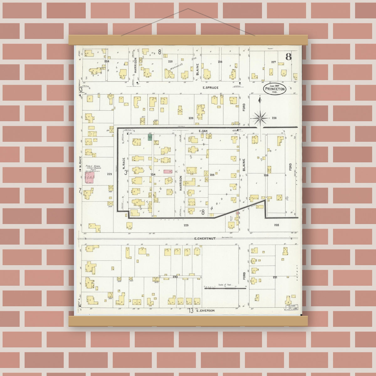 Old map wall art mockup — magnetic wood frame on brick wall — Sanborn Fire Insurance Map from Princeton, Gibson County, Indiana (1907), Sheet #0008