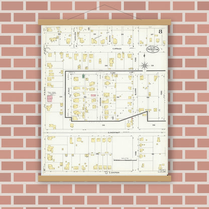 Old map wall art mockup — magnetic wood frame on brick wall — Sanborn Fire Insurance Map from Princeton, Gibson County, Indiana (1907), Sheet #0008