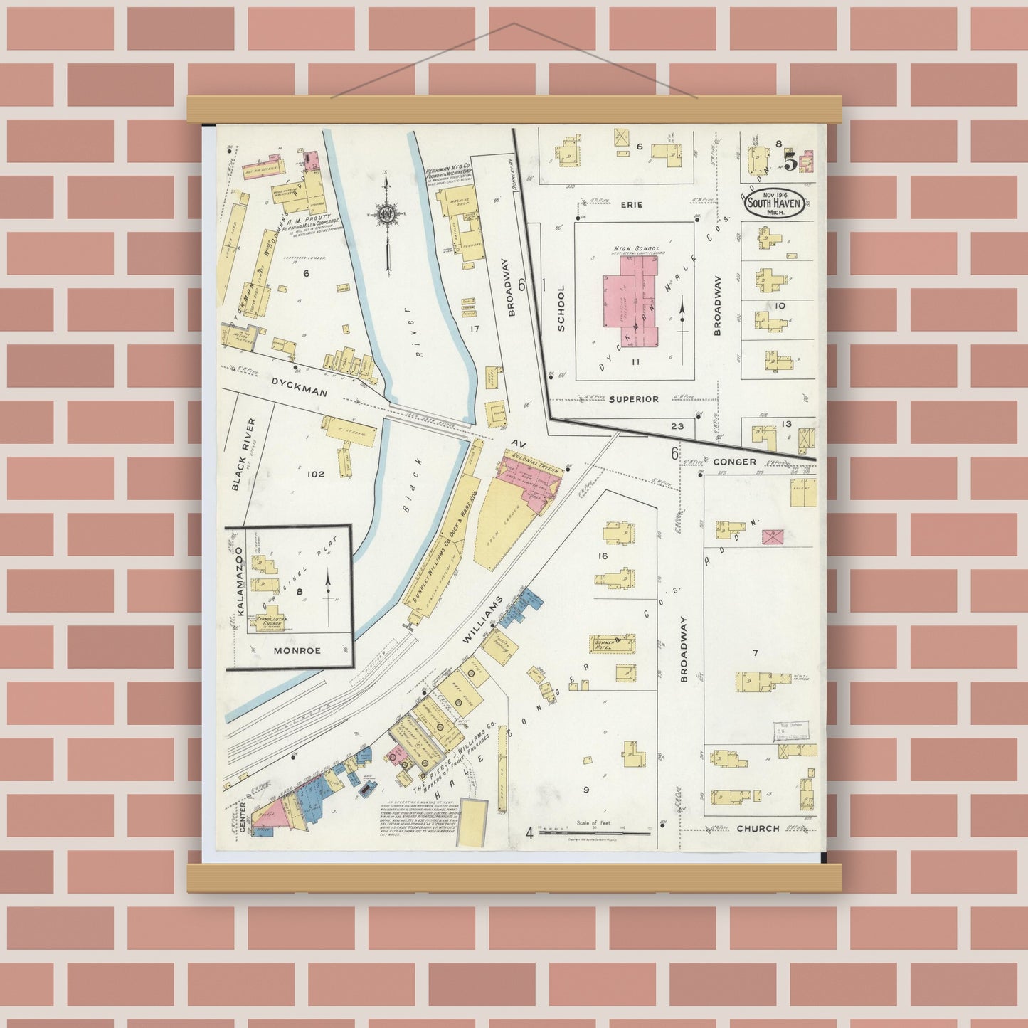 Old map wall art mockup — magnetic wood frame on brick wall — Sanborn Fire Insurance Map from South Haven, Van Buren County, Michigan (1916), Sheet #0005