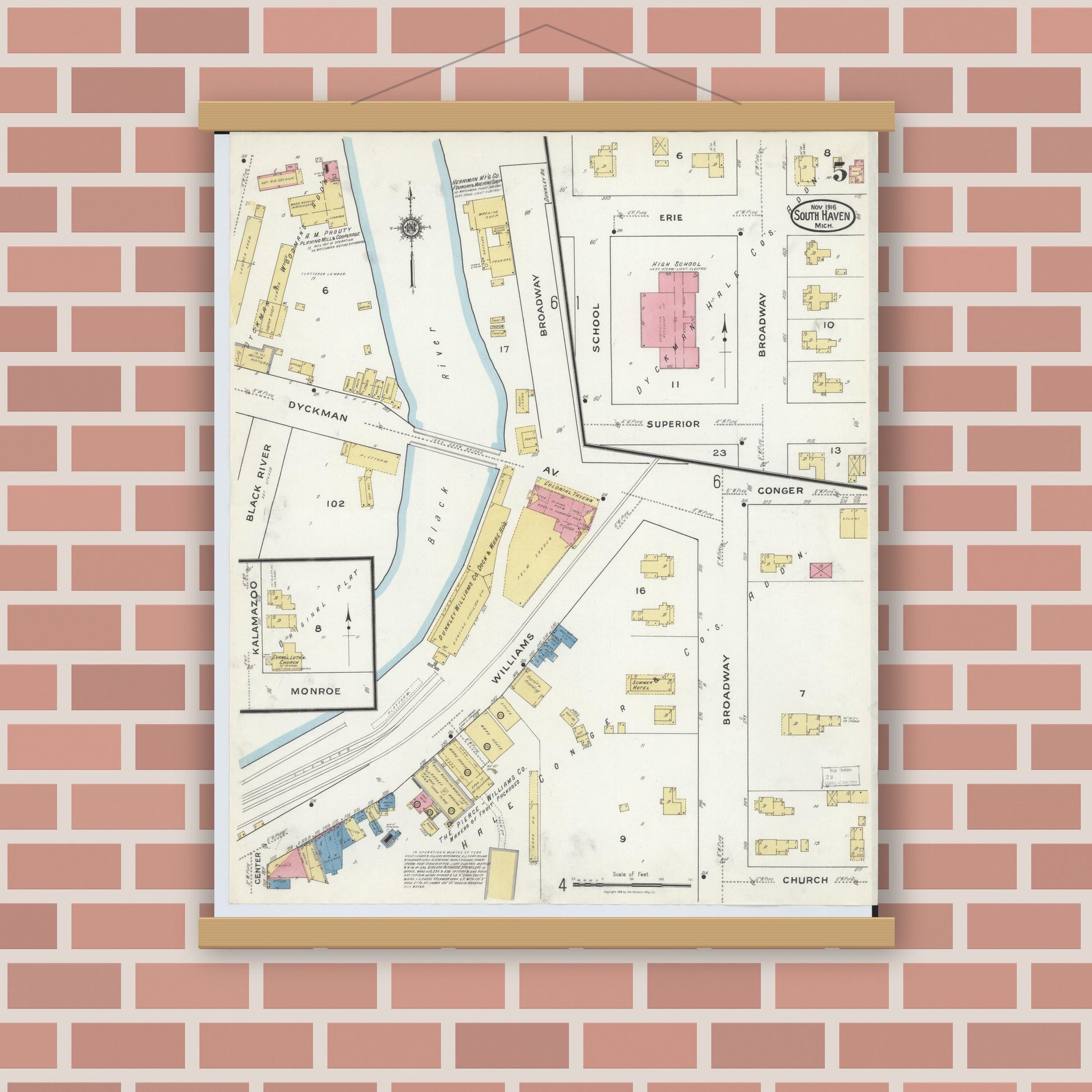 Old map wall art mockup — magnetic wood frame on brick wall — Sanborn Fire Insurance Map from South Haven, Van Buren County, Michigan (1916), Sheet #0005
