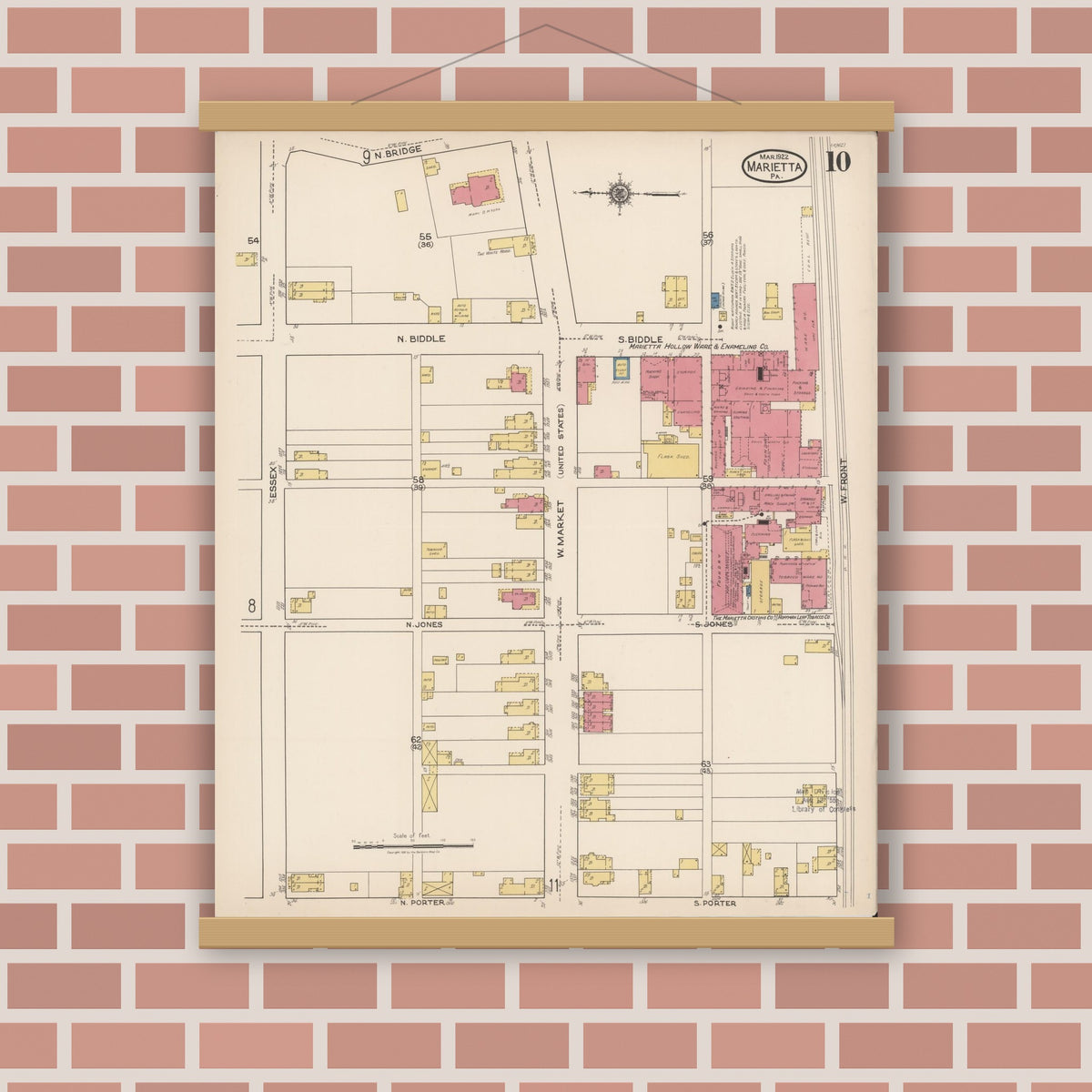 Old map wall art mockup — magnetic wood frame on brick wall — Sanborn Fire Insurance Map from Marietta, Lancaster County, Pennsylvania (1922), Sheet #0010