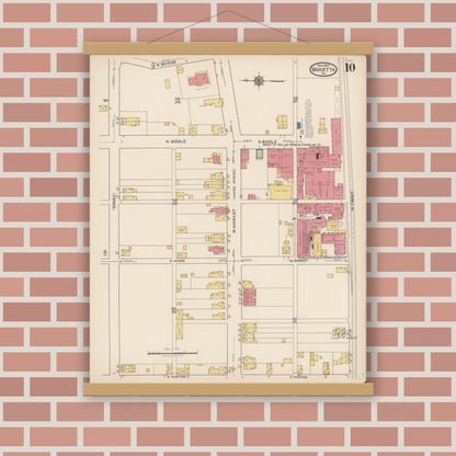Old map wall art mockup — magnetic wood frame on brick wall — Sanborn Fire Insurance Map from Marietta, Lancaster County, Pennsylvania (1922), Sheet #0010