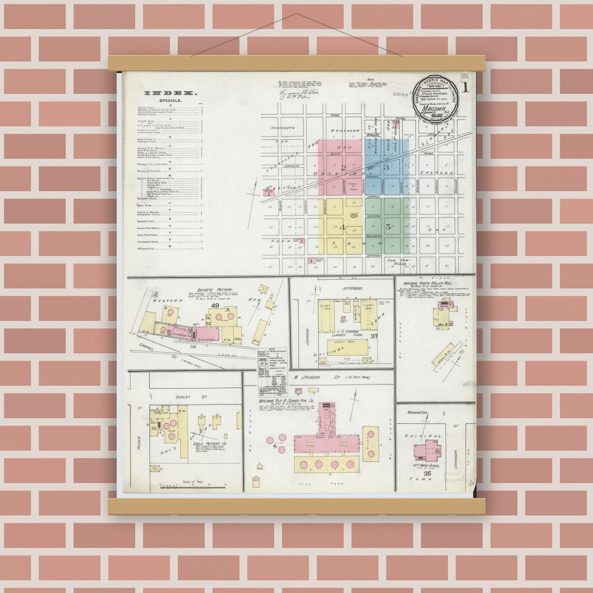 Old map wall art mockup — magnetic wood frame on brick wall — Sanborn Fire Insurance Map from Macomb, Mcdonough County, Illinois (1892) - Complete Map Set