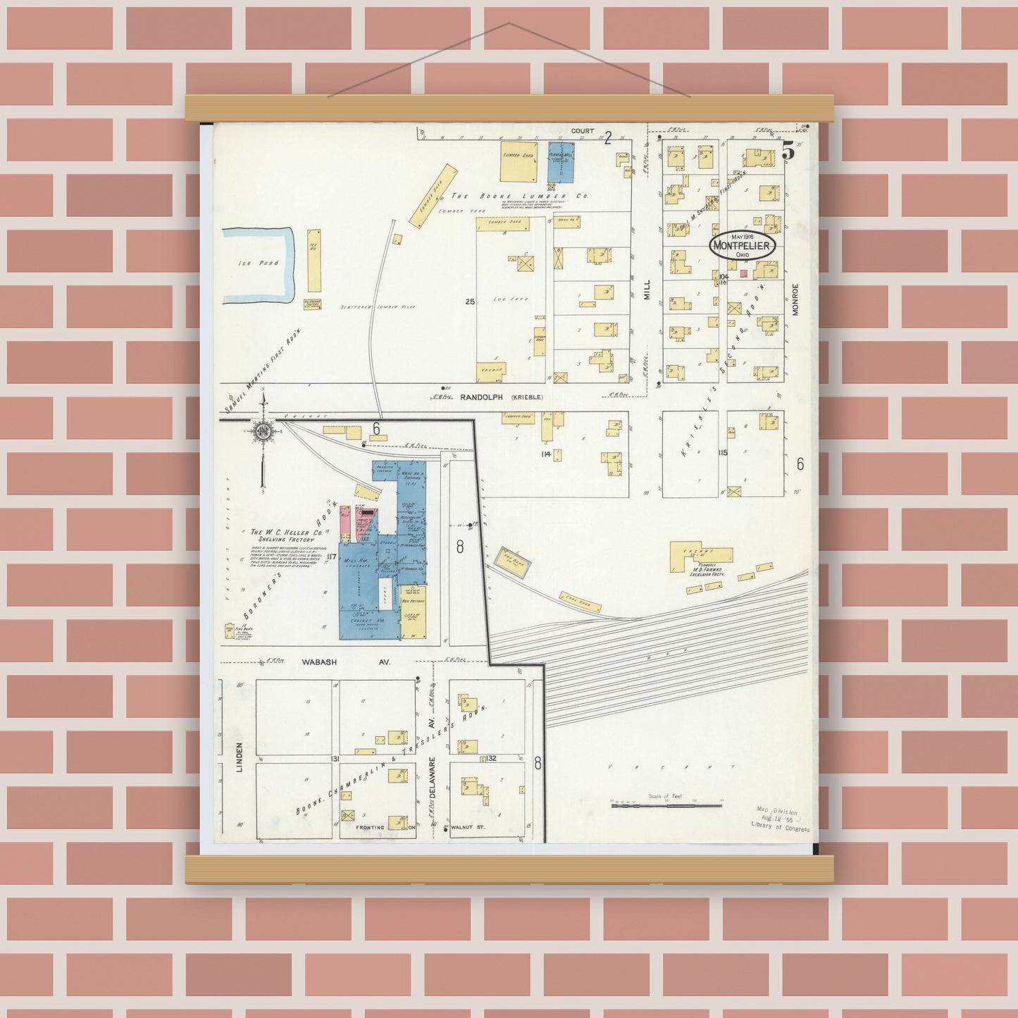 Old map wall art mockup — magnetic wood frame on brick wall — Sanborn Fire Insurance Map from Montpelier, Williams County, Ohio (1916), Sheet #0005