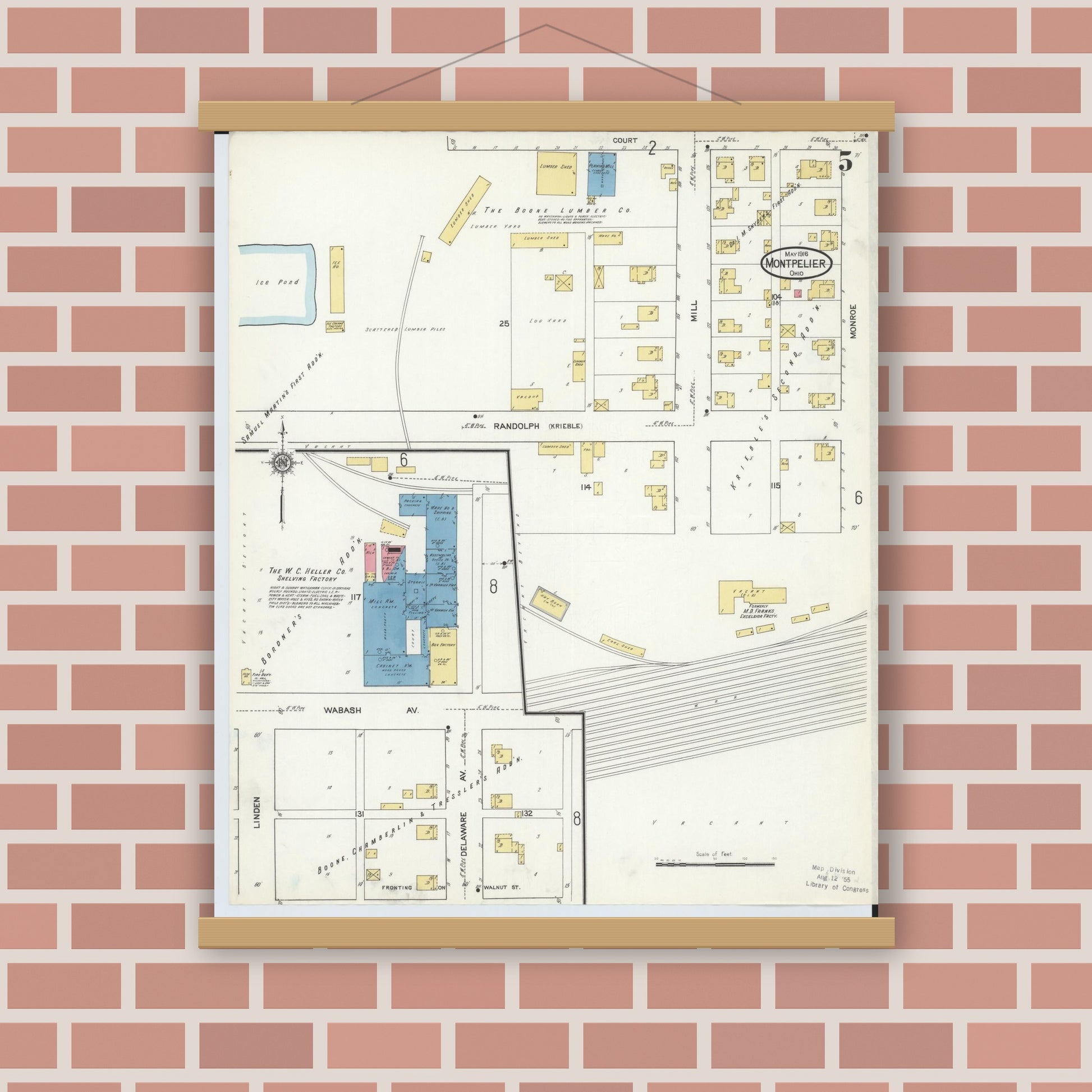 Old map wall art mockup — magnetic wood frame on brick wall — Sanborn Fire Insurance Map from Montpelier, Williams County, Ohio (1916), Sheet #0005