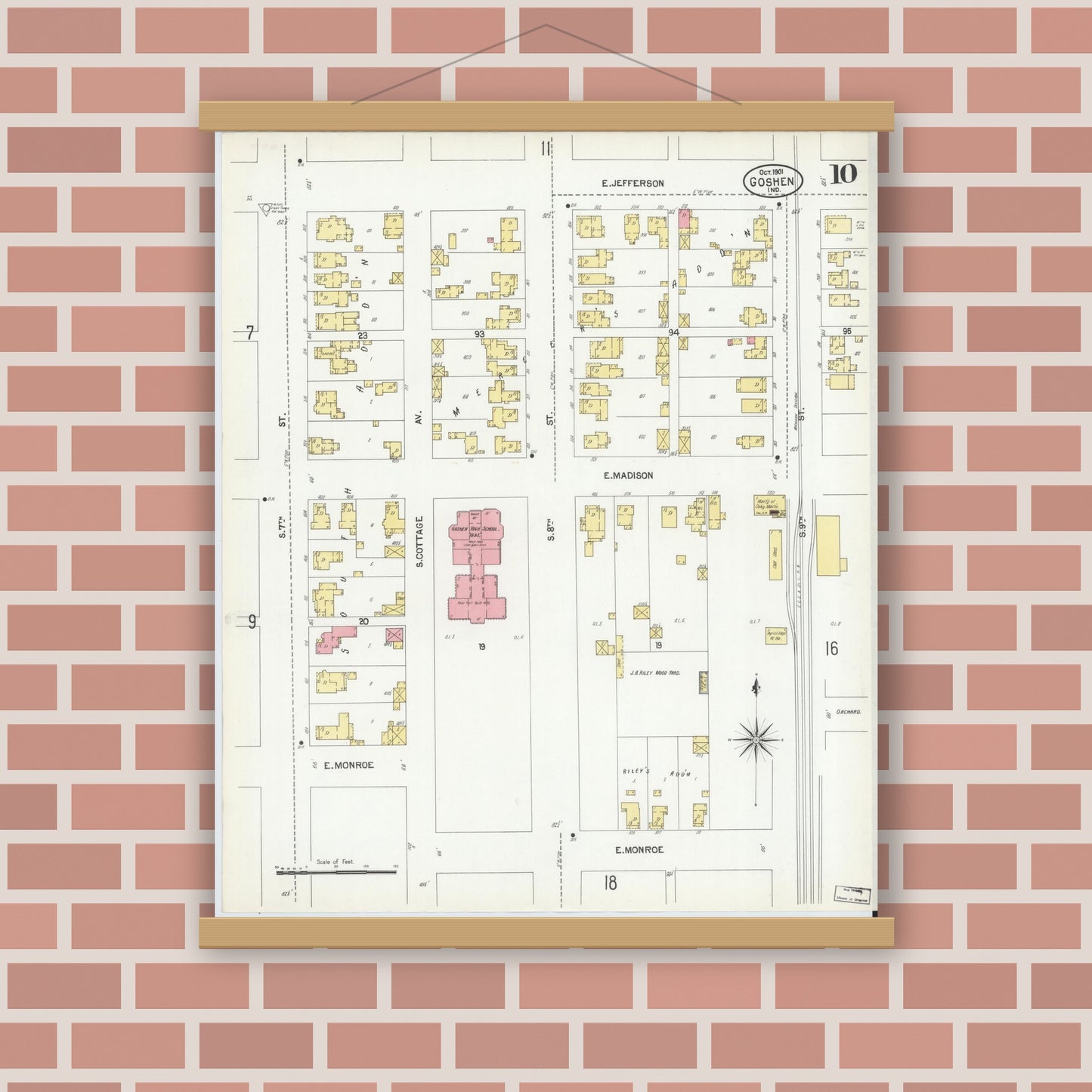 Old map wall art mockup — magnetic wood frame on brick wall — Sanborn Fire Insurance Map from Goshen, Elkhart County, Indiana (1901), Sheet #0010