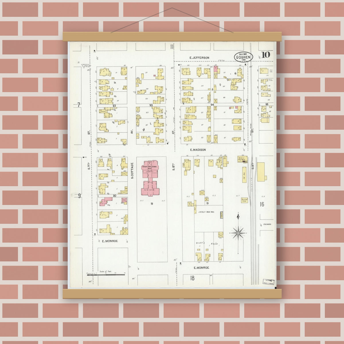 Old map wall art mockup — magnetic wood frame on brick wall — Sanborn Fire Insurance Map from Goshen, Elkhart County, Indiana (1901), Sheet #0010