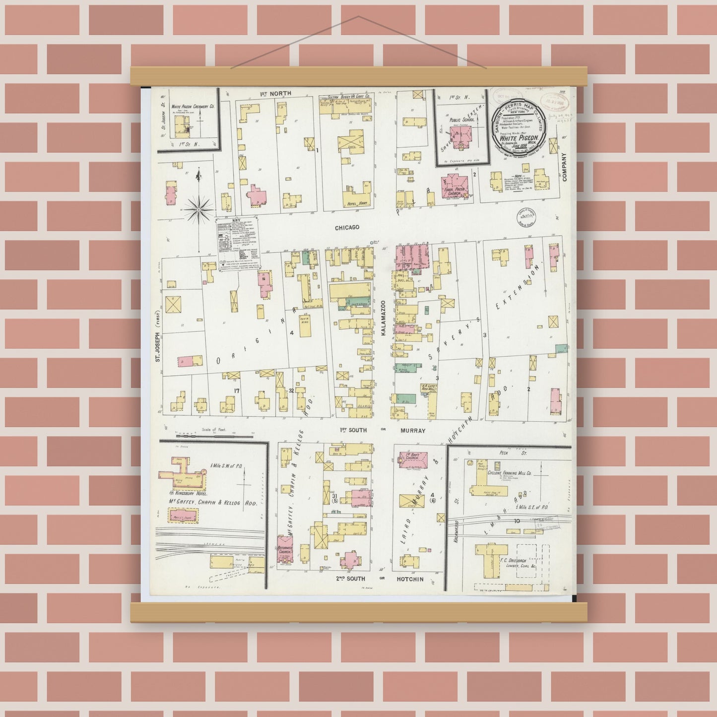 Old map wall art mockup — magnetic wood frame on brick wall — Sanborn Fire Insurance Map from White Pigeon, Saint Joseph County, Michigan (1899), Sheet #0001