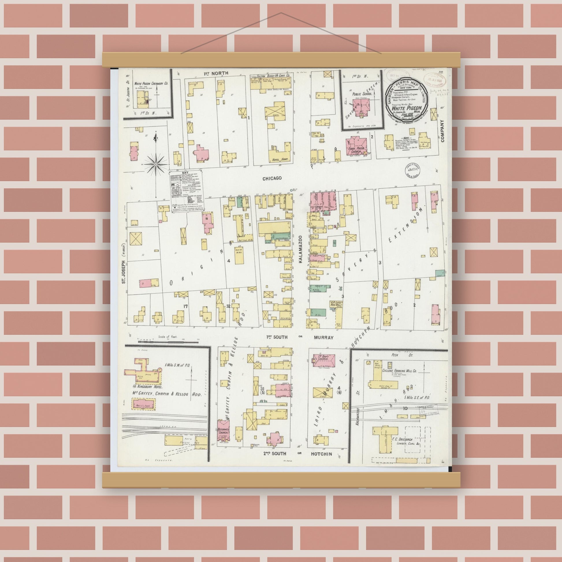 Old map wall art mockup — magnetic wood frame on brick wall — Sanborn Fire Insurance Map from White Pigeon, Saint Joseph County, Michigan (1899), Sheet #0001