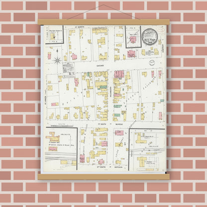 Old map wall art mockup — magnetic wood frame on brick wall — Sanborn Fire Insurance Map from White Pigeon, Saint Joseph County, Michigan (1899), Sheet #0001