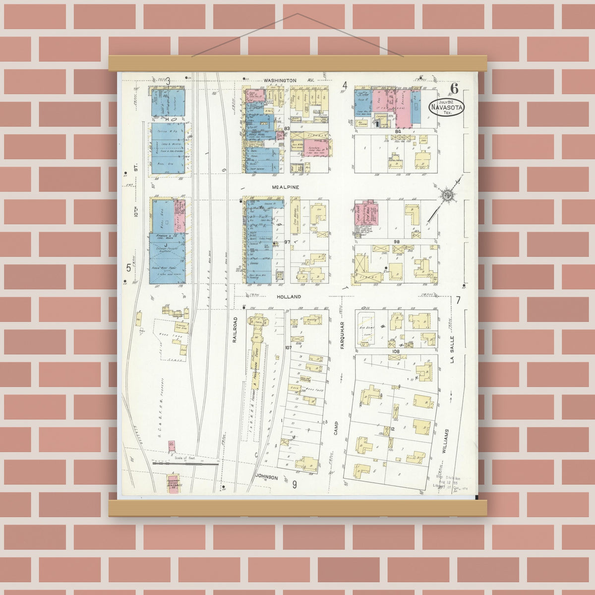 Old map wall art mockup — magnetic wood frame on brick wall — Sanborn Fire Insurance Map from Navasota, Grimes County, Texas (1912), Sheet #0006
