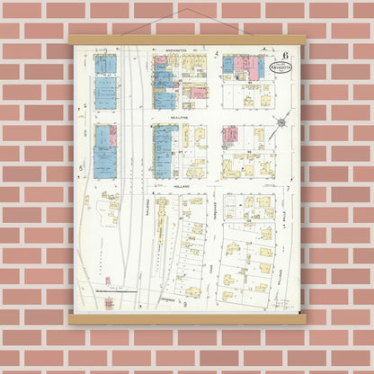 Old map wall art mockup — magnetic wood frame on brick wall — Sanborn Fire Insurance Map from Navasota, Grimes County, Texas (1912), Sheet #0006
