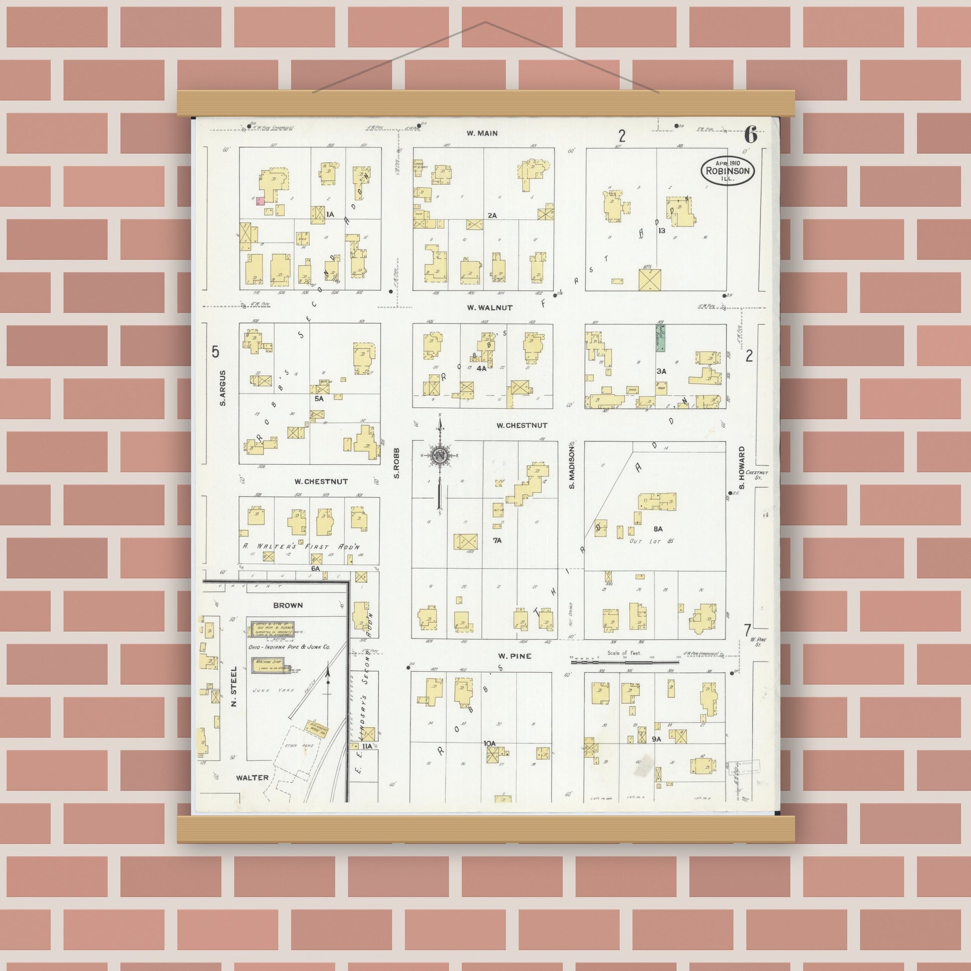 Old map wall art mockup — magnetic wood frame on brick wall — Sanborn Fire Insurance Map from Robinson, Crawford County, Illinois (1910), Sheet #0006