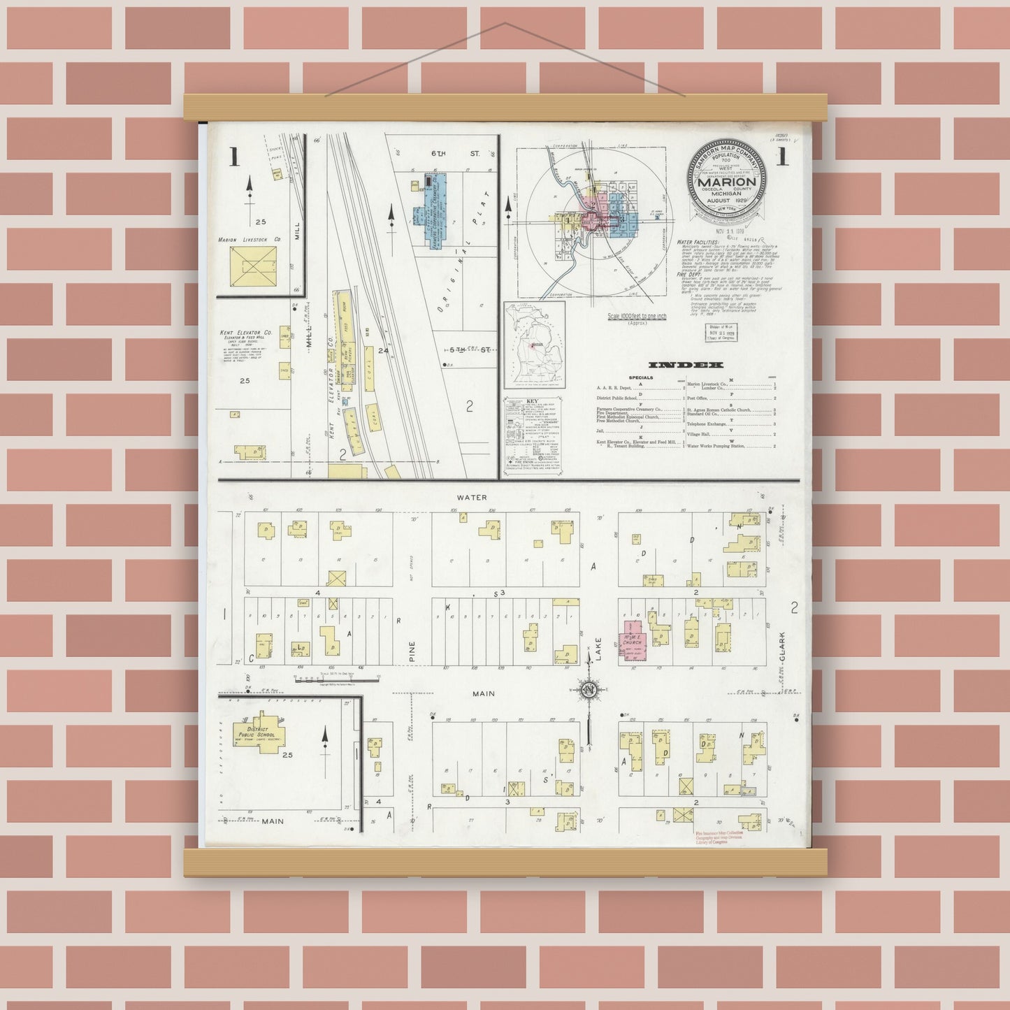Old map wall art mockup — magnetic wood frame on brick wall — Sanborn Fire Insurance Map from Marion, Osceola County, Michigan (1929) - Complete Map Set
