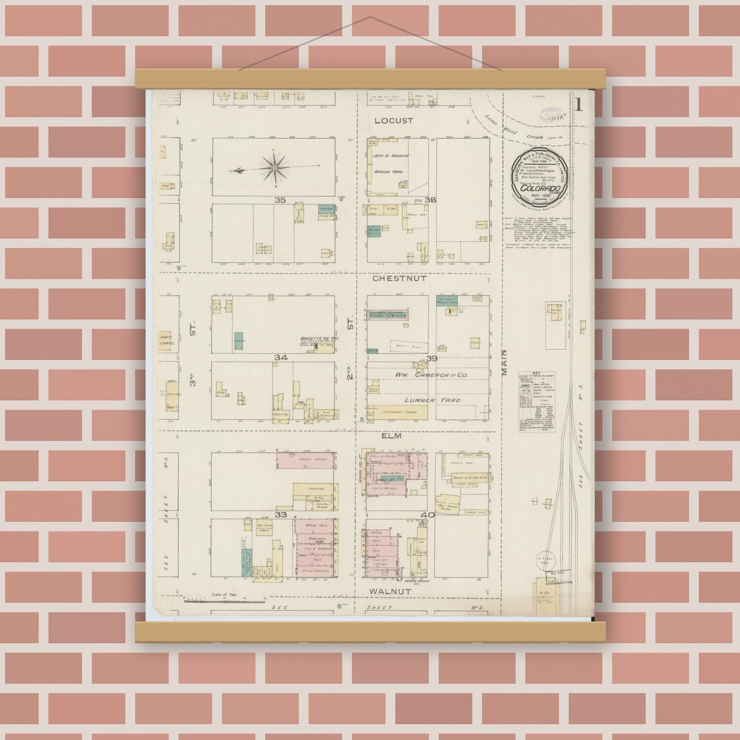 Old map wall art mockup — magnetic wood frame on brick wall — Sanborn Fire Insurance Map from Colorado, Mitchell County, Texas (1886), Sheet #0001