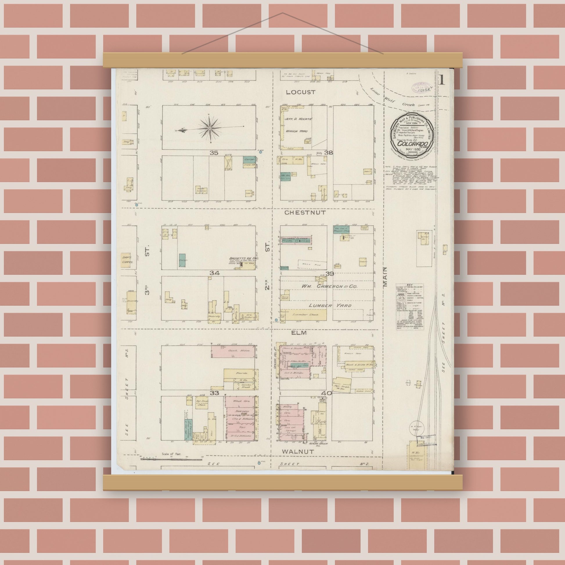 Old map wall art mockup — magnetic wood frame on brick wall — Sanborn Fire Insurance Map from Colorado, Mitchell County, Texas (1886), Sheet #0001