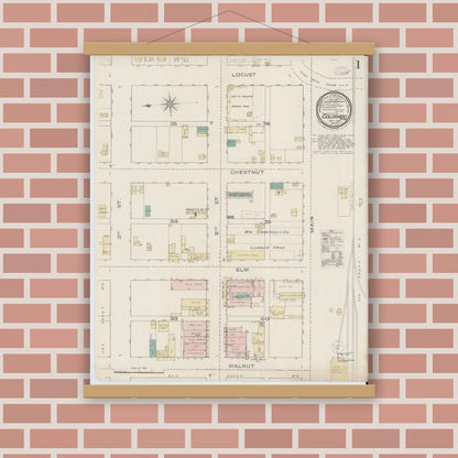 Old map wall art mockup — magnetic wood frame on brick wall — Sanborn Fire Insurance Map from Colorado, Mitchell County, Texas (1886), Sheet #0001