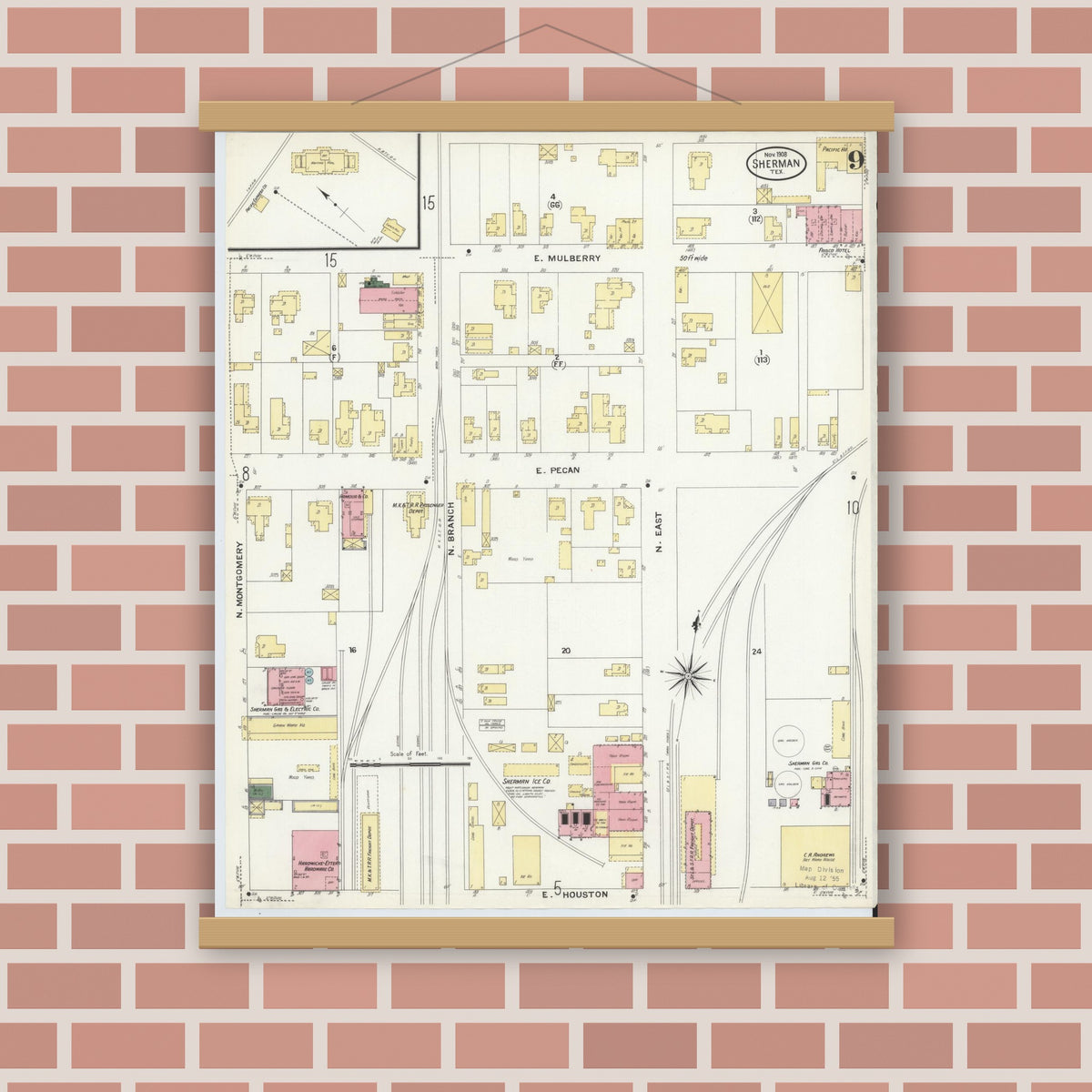 Old map wall art mockup — magnetic wood frame on brick wall — Sanborn Fire Insurance Map from Sherman, Grayson County, Texas (1908), Sheet #0009