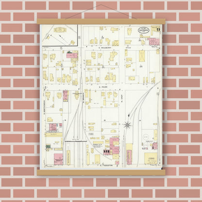 Old map wall art mockup — magnetic wood frame on brick wall — Sanborn Fire Insurance Map from Sherman, Grayson County, Texas (1908), Sheet #0009