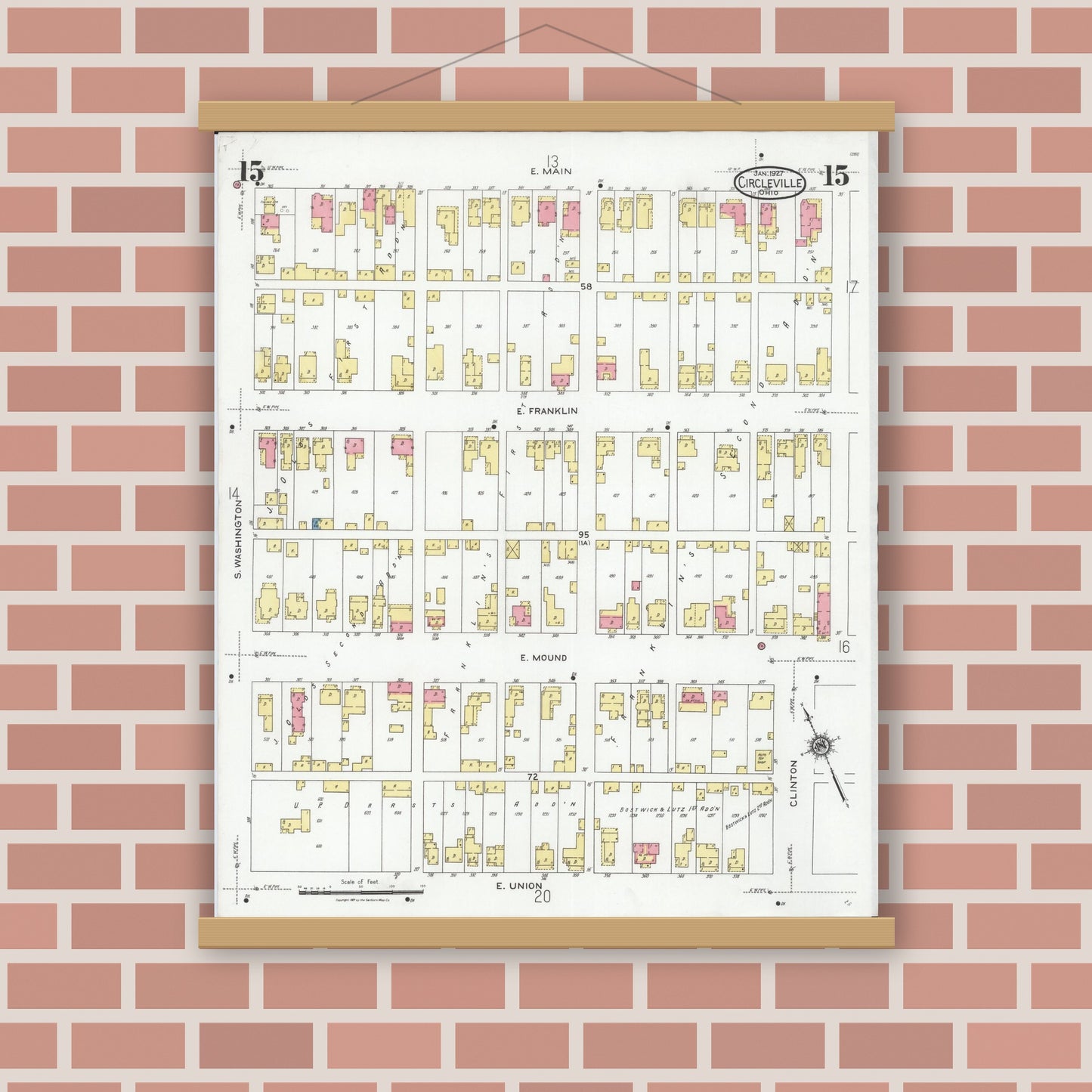 Old map wall art mockup — magnetic wood frame on brick wall — Sanborn Fire Insurance Map from Circleville, Pickaway County, Ohio (1927), Sheet #0015