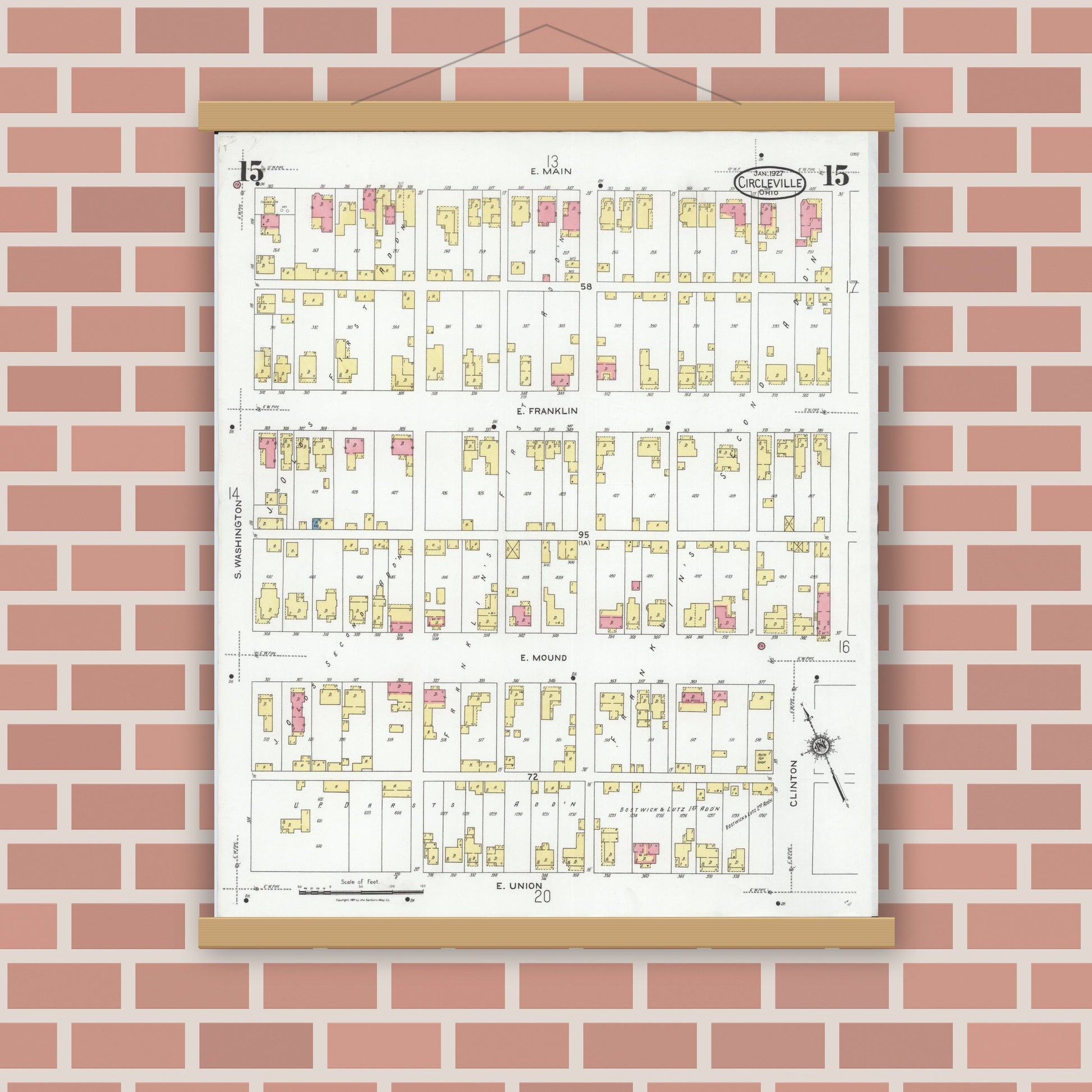 Old map wall art mockup — magnetic wood frame on brick wall — Sanborn Fire Insurance Map from Circleville, Pickaway County, Ohio (1927), Sheet #0015