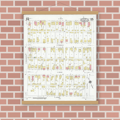 Old map wall art mockup — magnetic wood frame on brick wall — Sanborn Fire Insurance Map from Circleville, Pickaway County, Ohio (1927), Sheet #0015