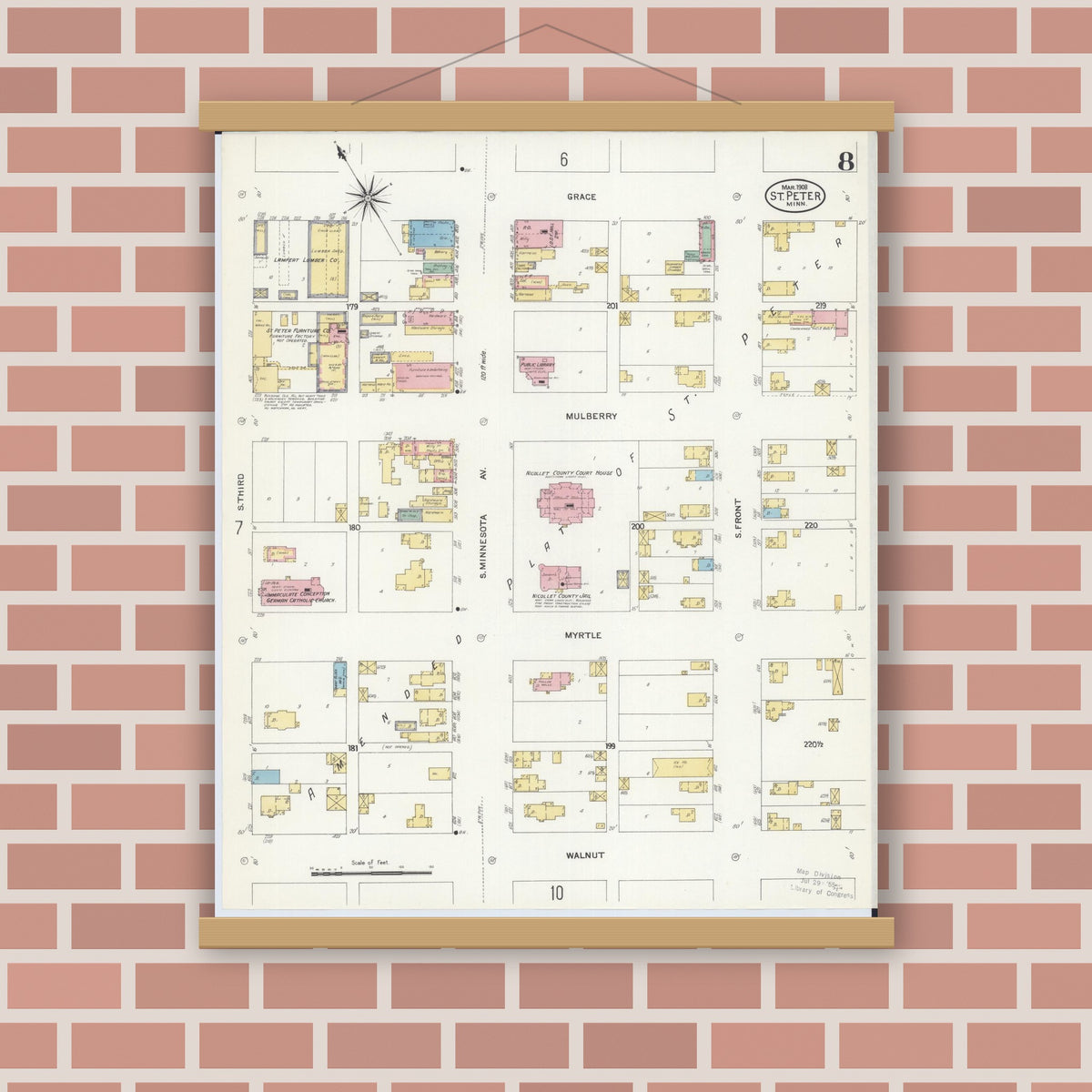 Old map wall art mockup — magnetic wood frame on brick wall — Sanborn Fire Insurance Map from Saint Peter, Nicollet County, Minnesota (1908), Sheet #0008