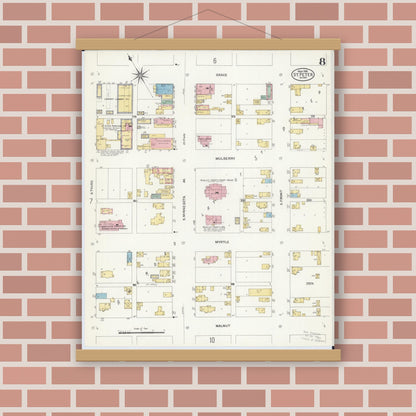 Old map wall art mockup — magnetic wood frame on brick wall — Sanborn Fire Insurance Map from Saint Peter, Nicollet County, Minnesota (1908), Sheet #0008
