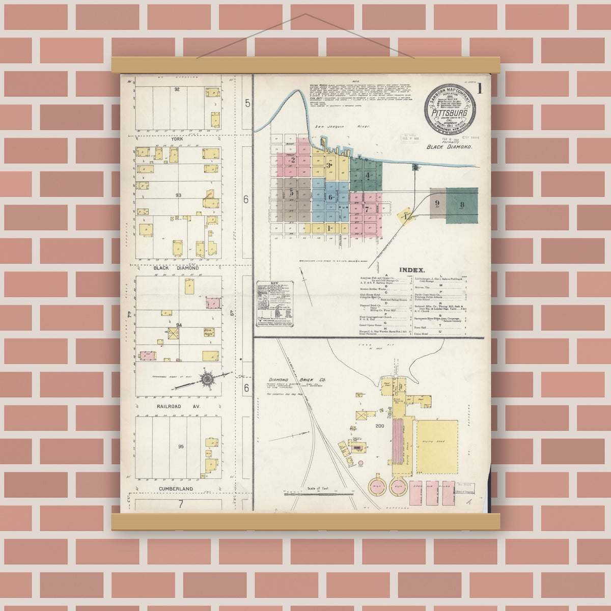 Old map wall art mockup — magnetic wood frame on brick wall — Sanborn Fire Insurance Map from Pittsburg, Contra Costa County, California (1911) - Complete Map Set